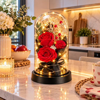 Tre Rose Rosse in Cupola LED – Idea Regalo Romantica