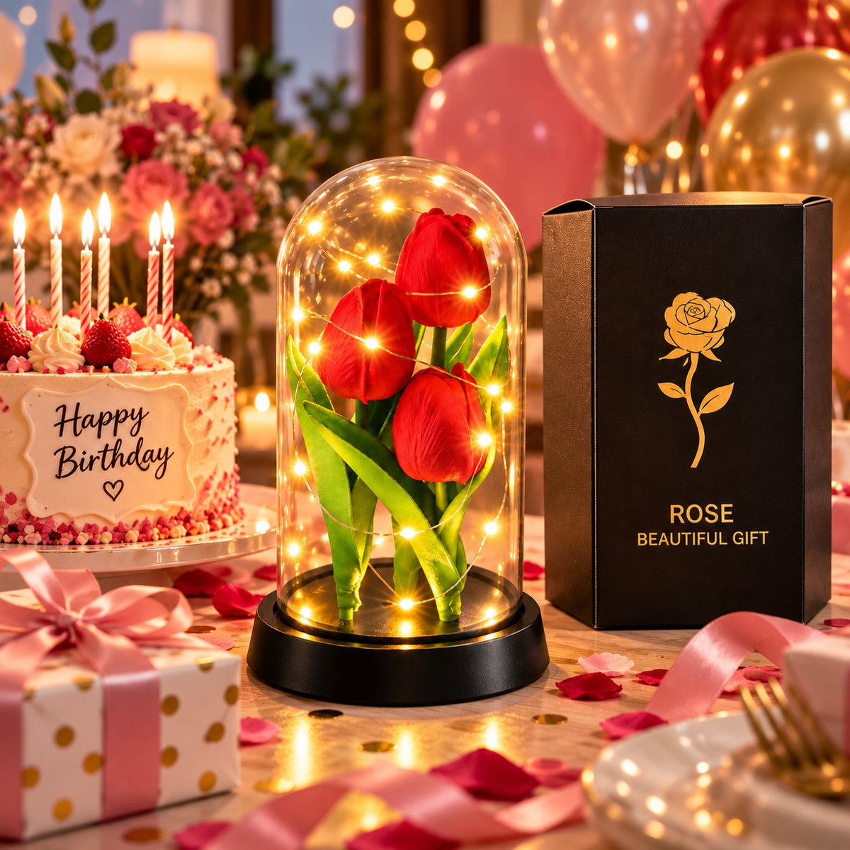 Tulipani Bianchi e Rossi con Luci LED sotto Cupola – Idea Regalo Romantica | Energy Group