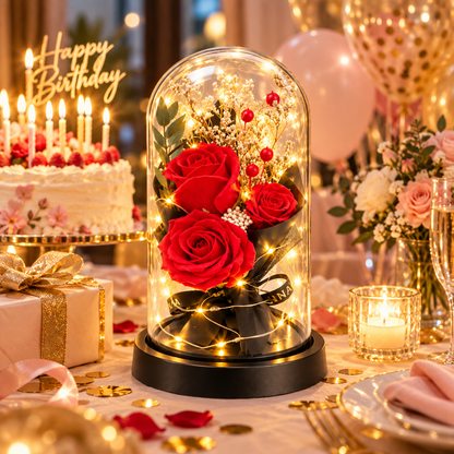 Tre Rose Rosse in Cupola LED – Idea Regalo Romantica