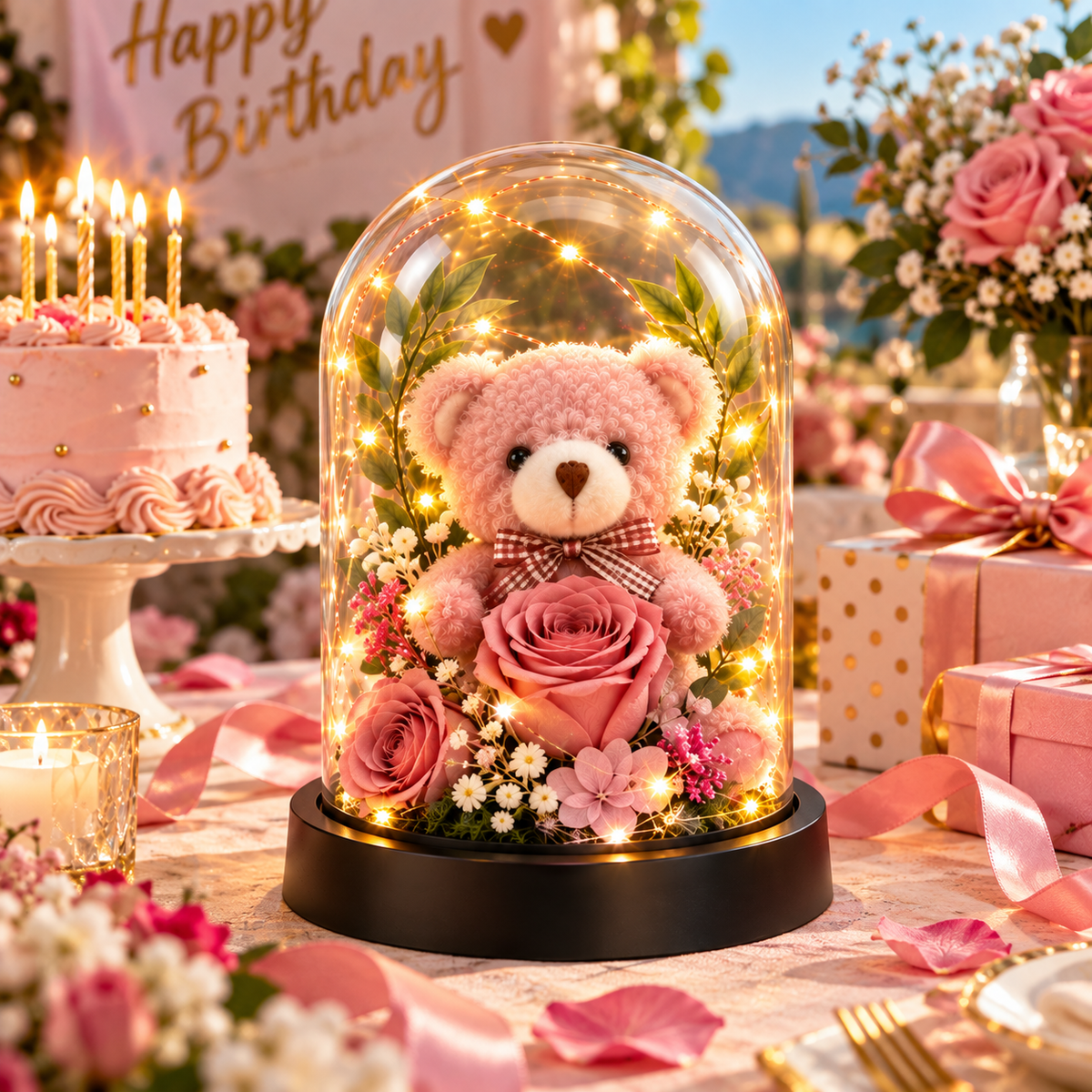 Orsetto con Rose in Cupola LED – Idea Regalo Romantica