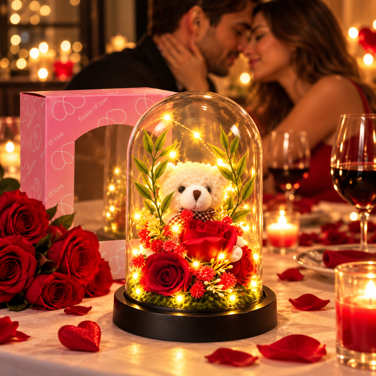 Orsetto con Rose in Cupola LED – Idea Regalo Romantica