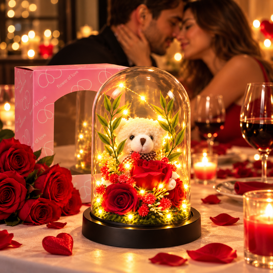 Orsetto con Rose in Cupola LED – Idea Regalo Romantica