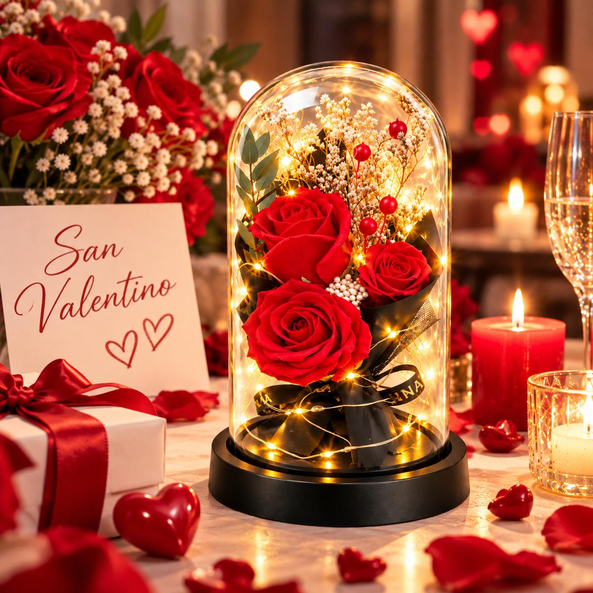 Tre Rose Rosse in Cupola LED – Idea Regalo Romantica