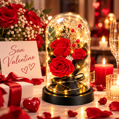 Tre Rose Rosse in Cupola LED – Idea Regalo Romantica