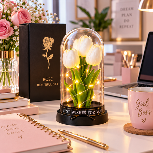 Tulipani Bianchi e Rossi con Luci LED sotto Cupola – Idea Regalo Romantica | Energy Group
