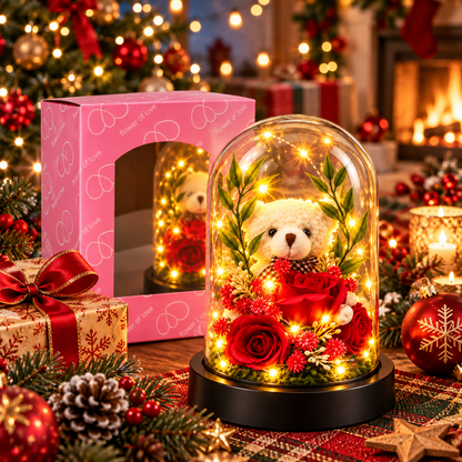 Orsetto con Rose in Cupola LED – Idea Regalo Romantica