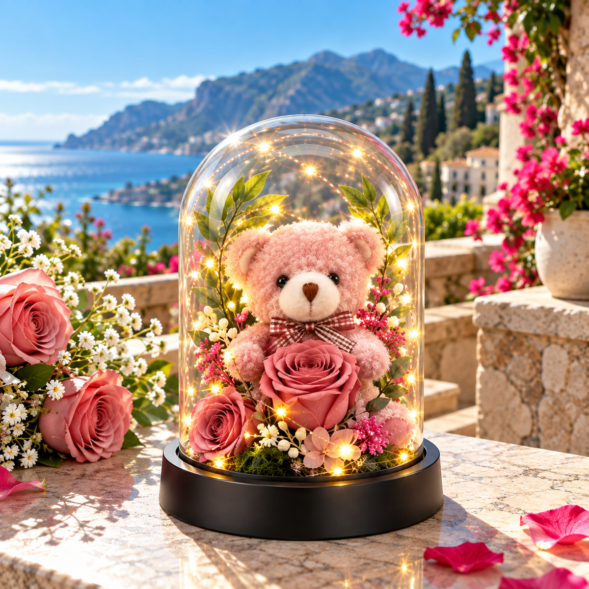 Orsetto con Rose in Cupola LED – Idea Regalo Romantica