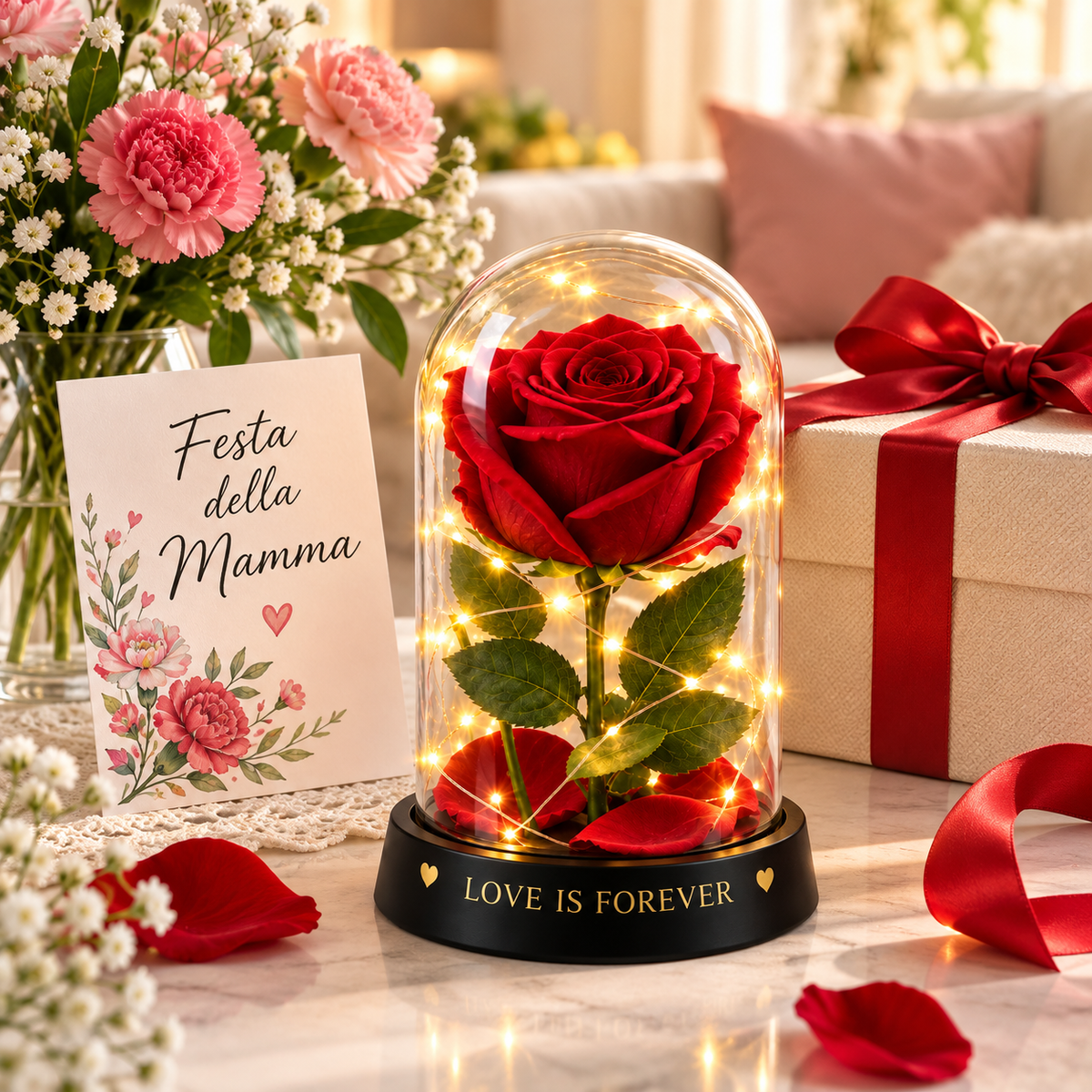 Rosa Rossa in Cupola con Luce LED – Idea Regalo Romantica