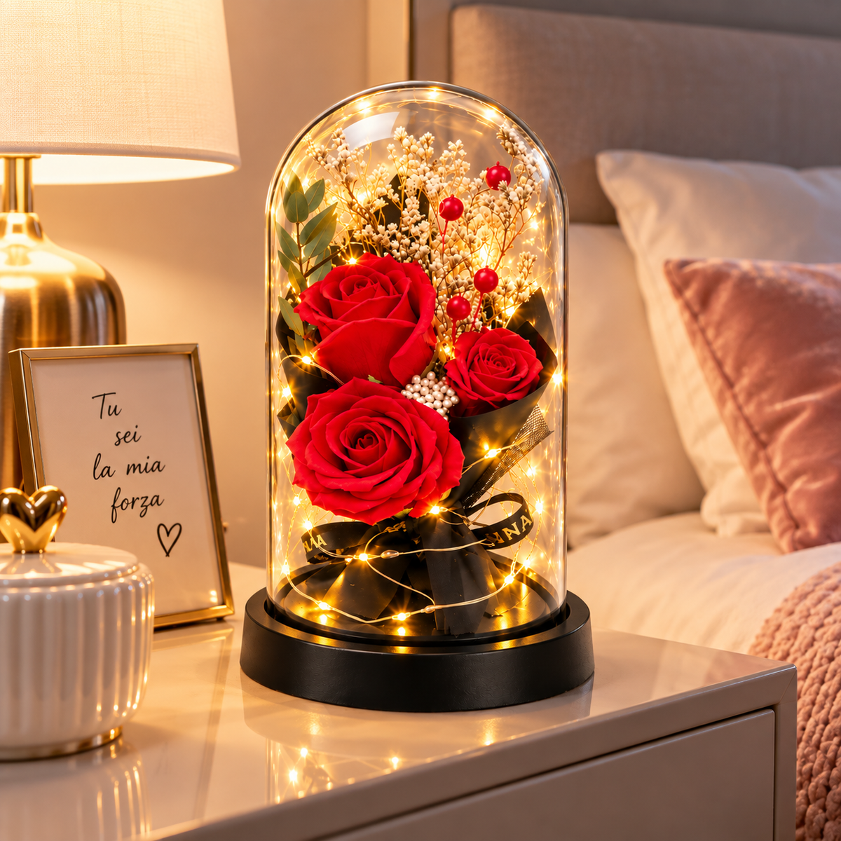 Tre Rose Rosse in Cupola LED – Idea Regalo Romantica