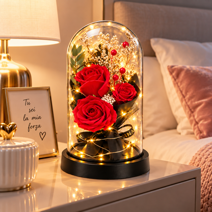 Tre Rose Rosse in Cupola LED – Idea Regalo Romantica