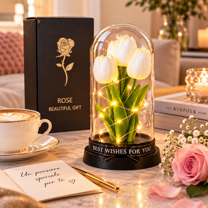 Tulipani Bianchi e Rossi con Luci LED sotto Cupola – Idea Regalo Romantica | Energy Group